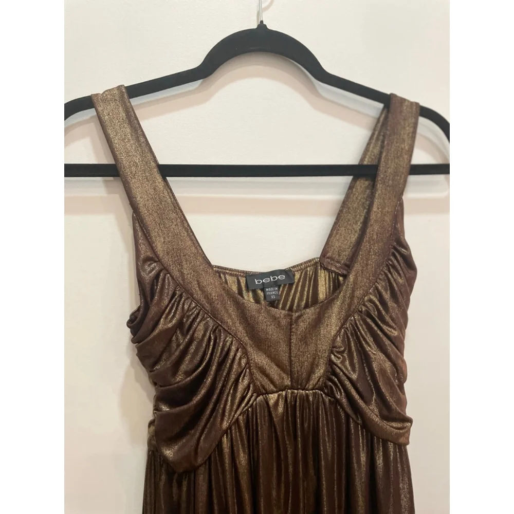 BEBE VTG Y2K Gold Metallic Babydoll Mini Bubble Dress XS Part Going Out Club - Picture 3 of 10